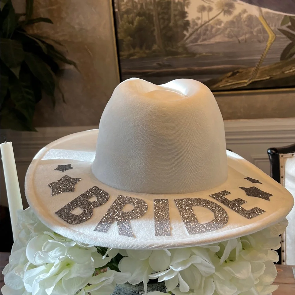 White Bride Party Hat with Sparkling Silver Accents NWT